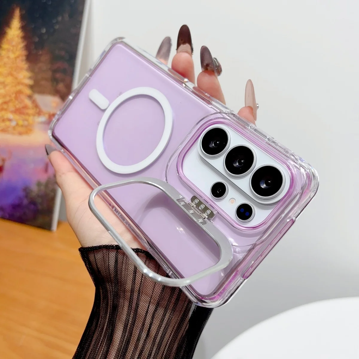 Luxury Lens Stand Clear Case For Samsung S24 S25 S26 Ultra Plus A57 A37 A17 A56 A36 A26 A55 35 For Magsafe Wireless Charge Cover