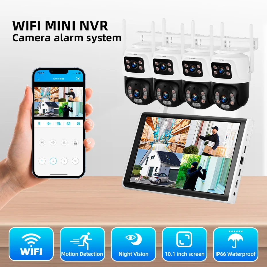 KERUI  Wireless 10.1inch LCD Monitor 8CH NVR 6MP WIFI IP Dual Lens Home Security Outdoor Camera System Surveillance CCTV