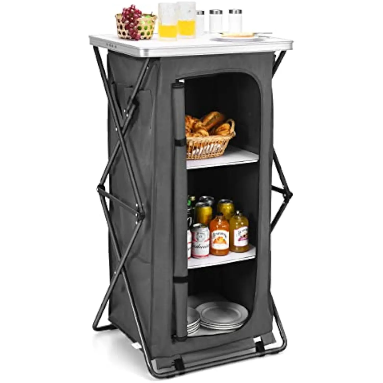 

Folding Camping Storage Cabinet with 3 Shelves and Carry Bag, Portable Outdoor Camping Organizer Kitchen Table, Quick Set-Up F