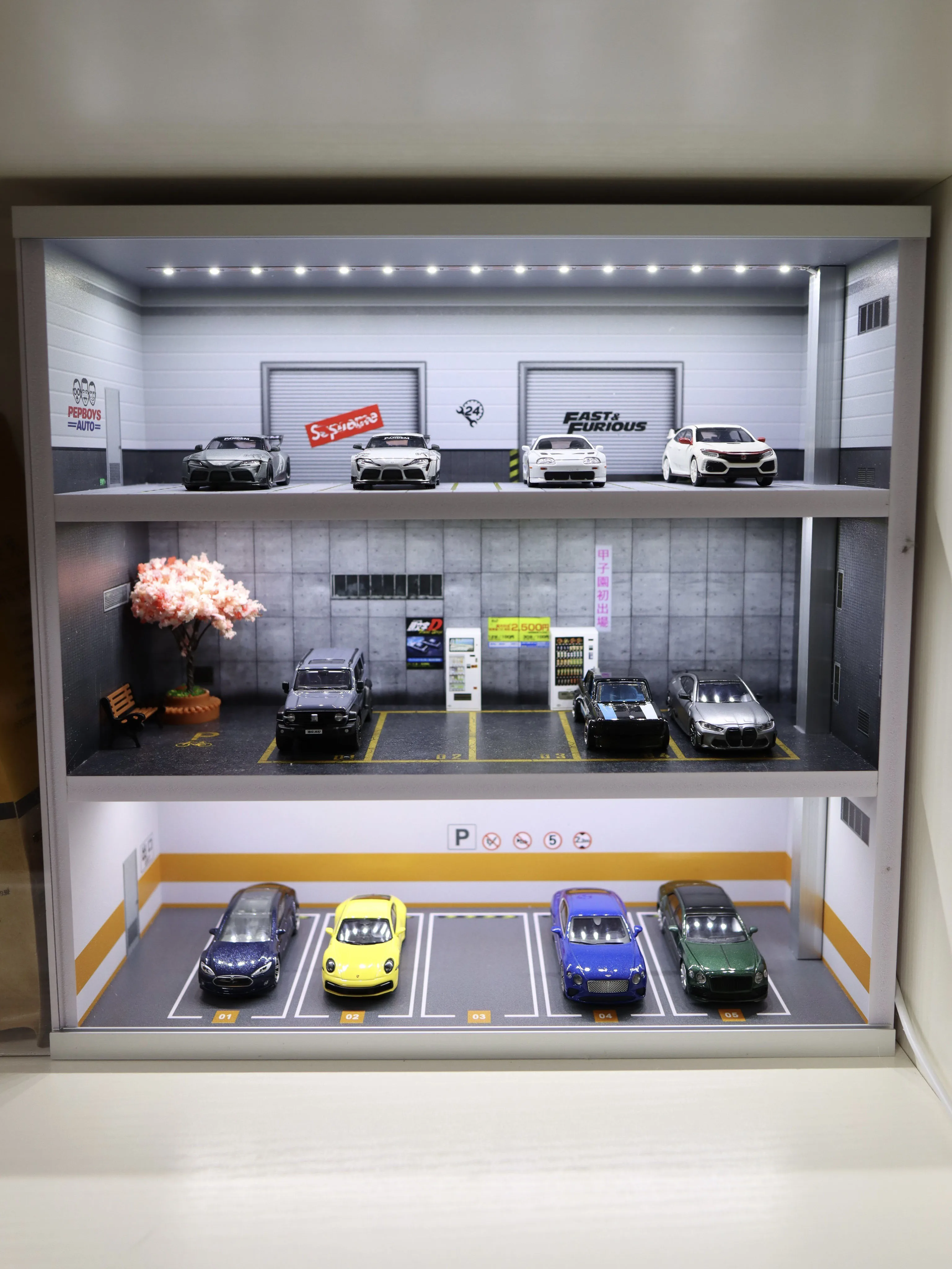 1:64 Scene Two-Storey 3Layers Garage Underground Parking Lot Car Model Light Display Cabinet  Box