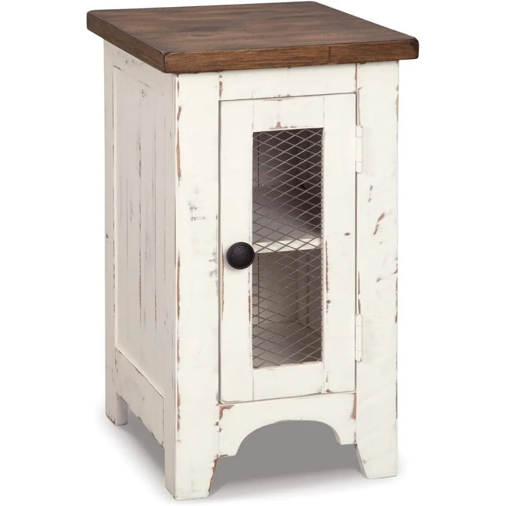 

Wystfield Farmhouse Chair Side End Table with Cabinet Door for Storage, White & Brown with Distressed Finish