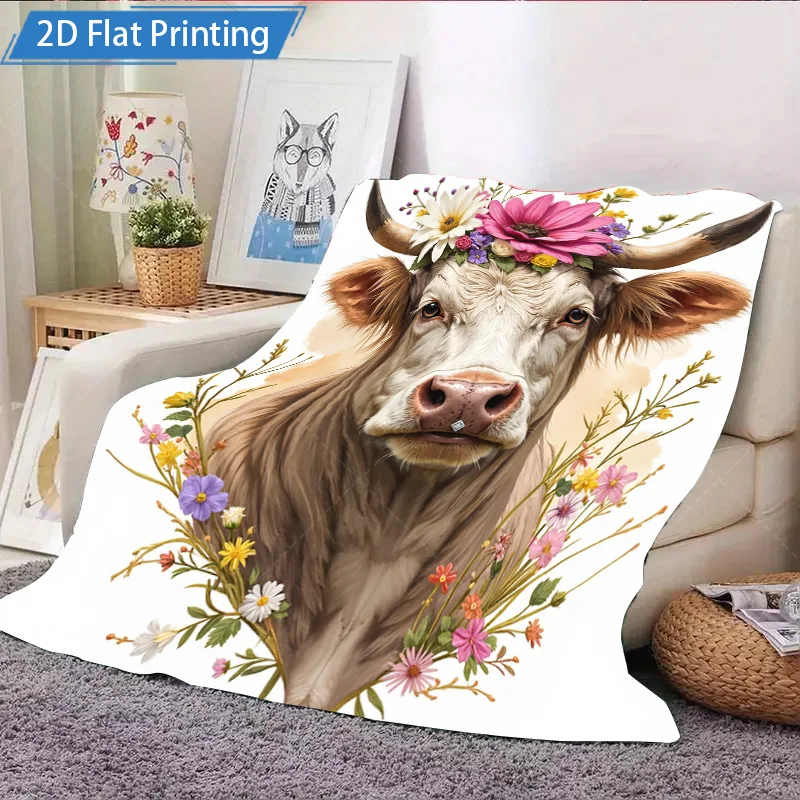 1 шт. фланелевое одеяло с цветочным принтом коровы, мягкое уютное одеяло для домашнего декора, постельные принадлежности в стиле бохо, чехол для гостиной, дивана