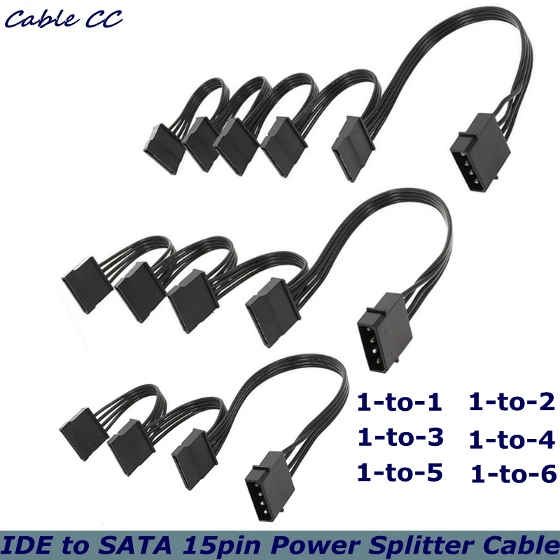 LP4 IDE 4 Pin Male to 1/2/3/4/5/6 SATA 15Pin Female Power Extension Hard Drive Cable,for HDD SSD and Optical Drives