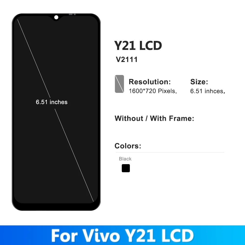 6.51''For VIVO Y21S V2110 LCD Display Touch Screen Digitizer Assembly For VIVO Y21 V2111 With Frame Replacement Tested