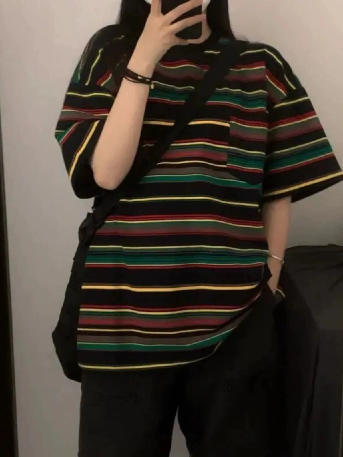 Summer plus Size Retro Hong Kong Style Women's T-Shirt Loose Striped Half Sleeve Trendy Casual Comfortable Korean Style Top