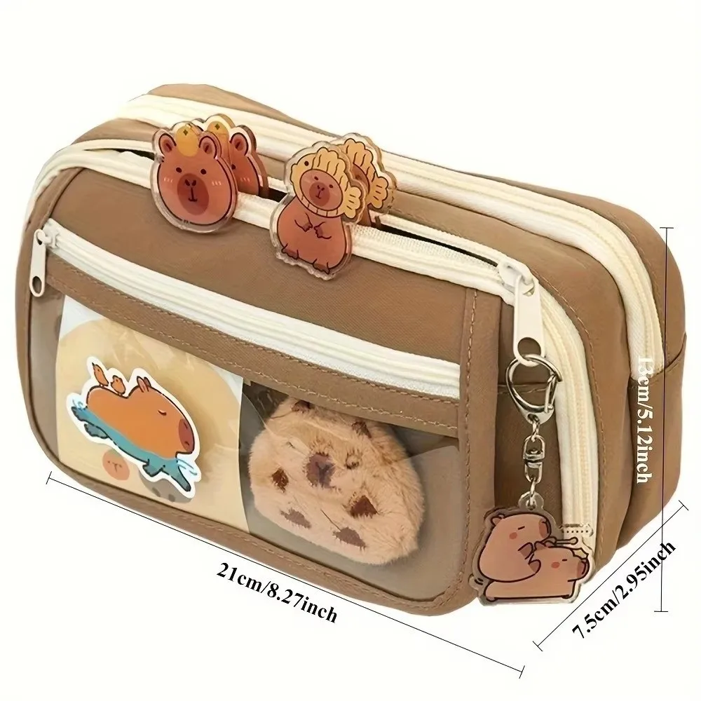 7Pcs Spacious Compartment Capybara Pencil Case Large Capacity Zipper Closure Pen Bag Nine Layers Doll Stickers