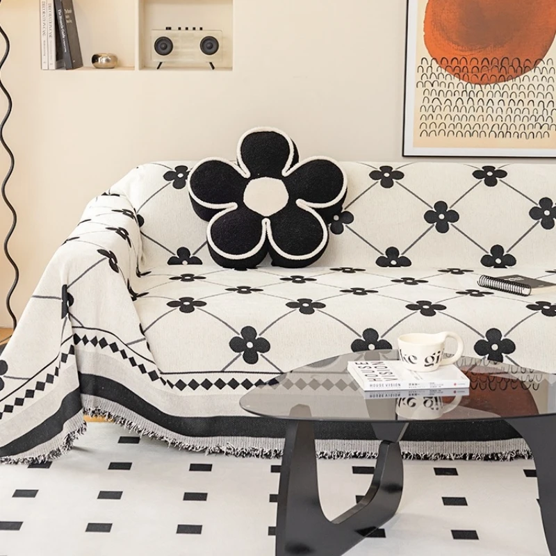 Asciugamano per divano in ciniglia geometrica jacquard Simplized Clover con nappe, per copridivano del soggiorno,