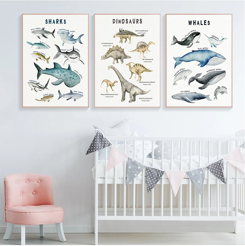 Child  Dinosaurs Whale Shark Marine Animal Nursery Canvas Art Print Education Wall Picture Painting Baby Kids Room Decor