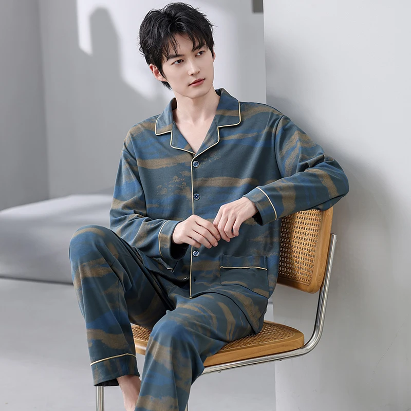 Full Cotton Pijamas for Men 2 Pieces/Set Lounge Sleepwear Pyjamas Autumn Bedgown Home Clothes Man Fashion Print Pajamas SetM-4XL
