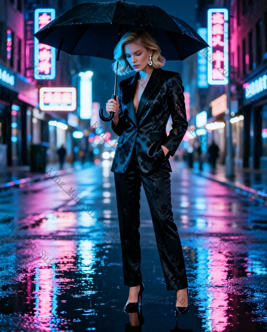 Black Satin Women Suit Set 2 Pcs Blazer Pants Trousers Printed Customized Formal Office Wedding Tuxedos Coat Prom Jacket