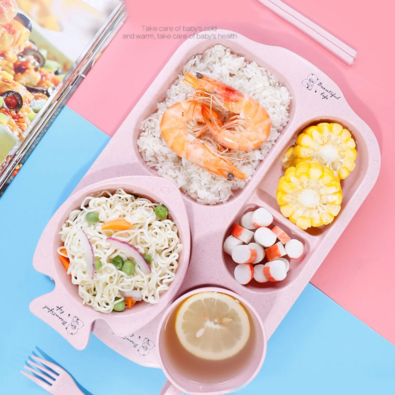 6Pcs/ Set Children's Tableware Set Cartoon Plate Wheat Straw Children's Tableware Anti-scald Training Food Bowl Spoon Fork image 3