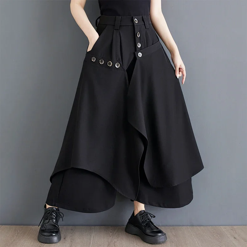 

Black Spring Summer Trousers Women Irregular Design Wide Leg Pants Patchwork Asymmetry Capris Korean Style Culottes