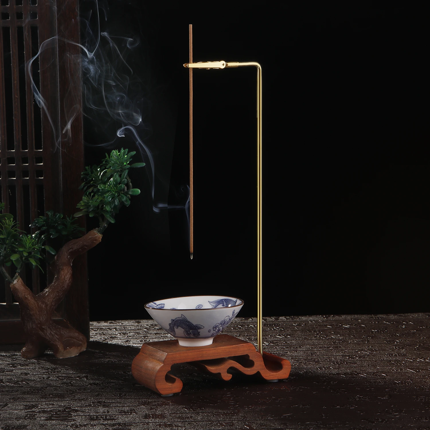 Rosewood Incense Holder for Sticks Upside Down Incense Burner with Porcelain Ash Catcher Buddhism Supplies Home Decor