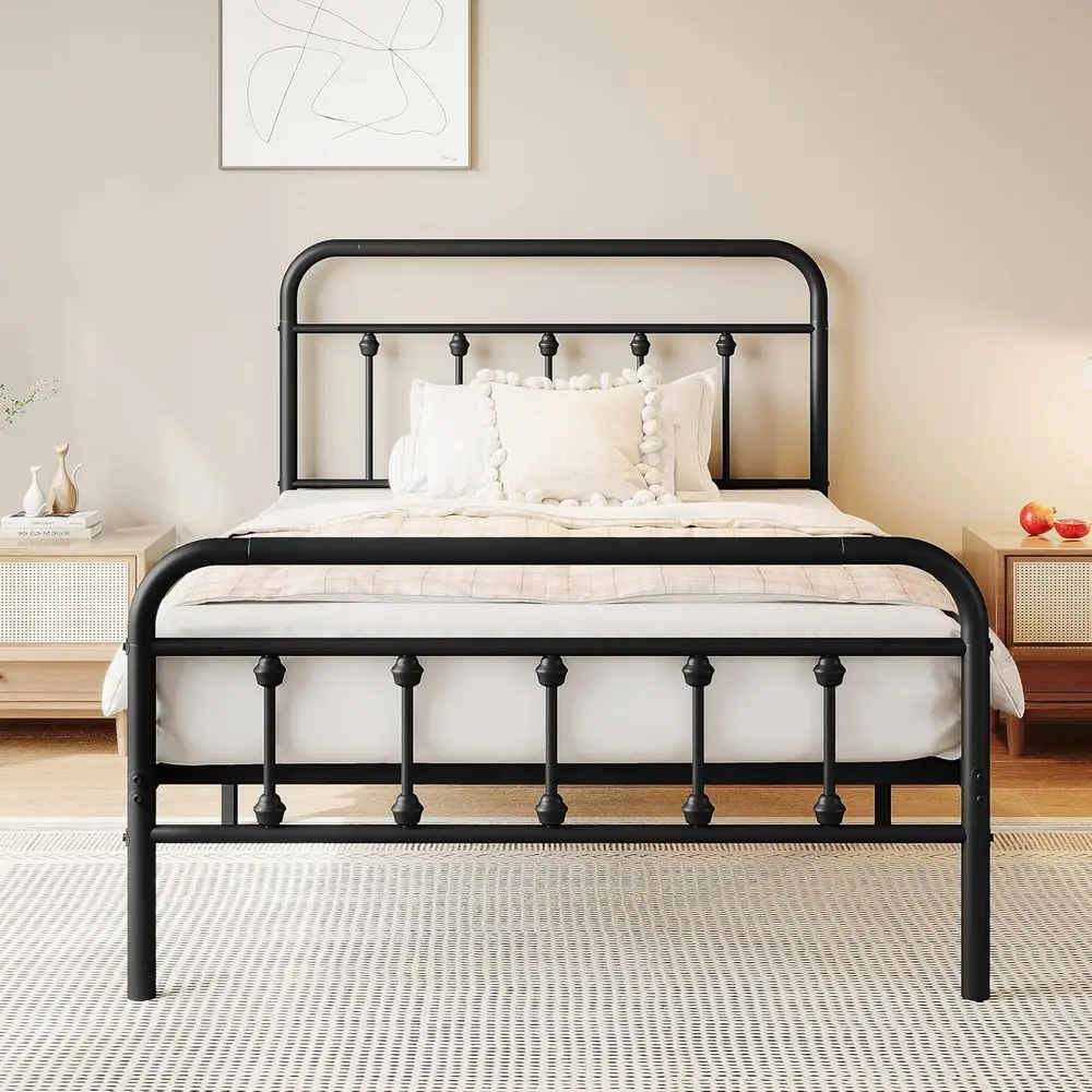 

Black Twin Metal Bed Frame with Victorian Headboard, Footboard, Steel Slat Support, Easy Assembly, No Box Spring, Underbed Stora