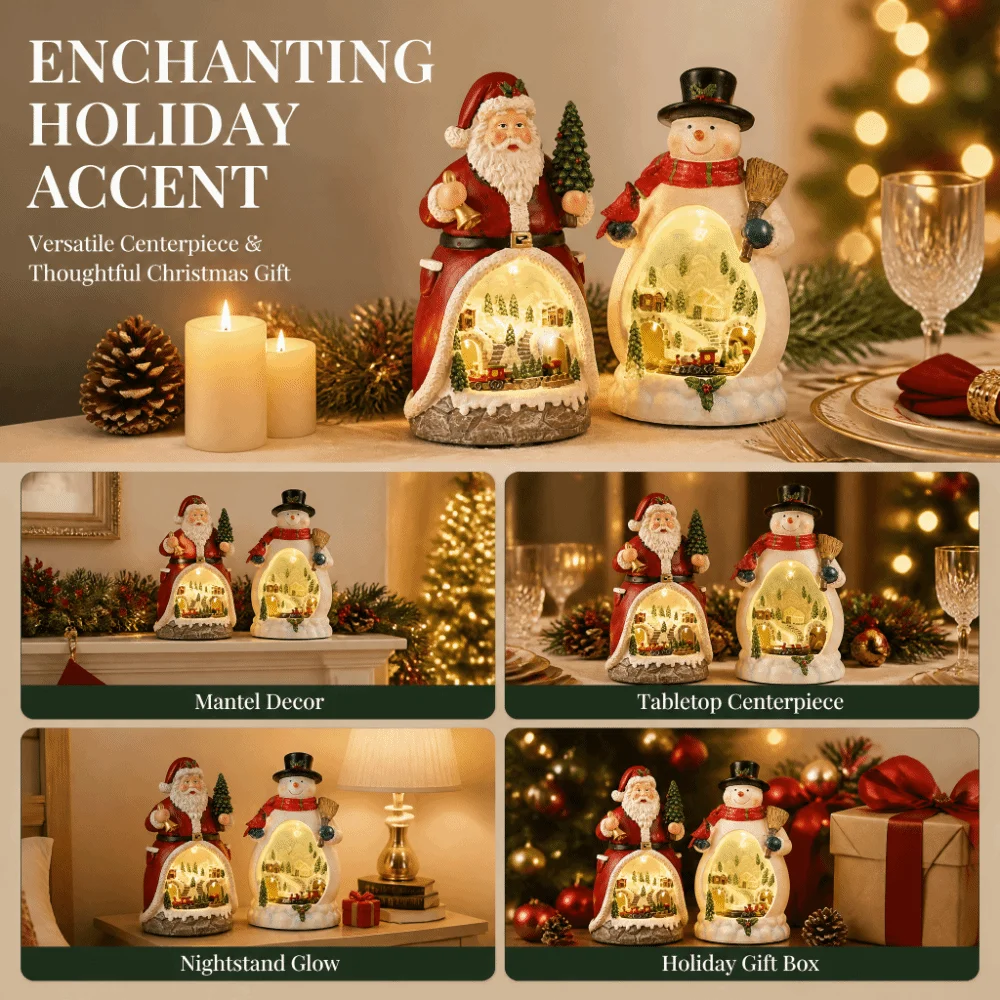 Rotating Santa Claus Music Box Multifunctional Resin Sculpture Rotating Christmas Ornament LED Lights Tabletop Decoration