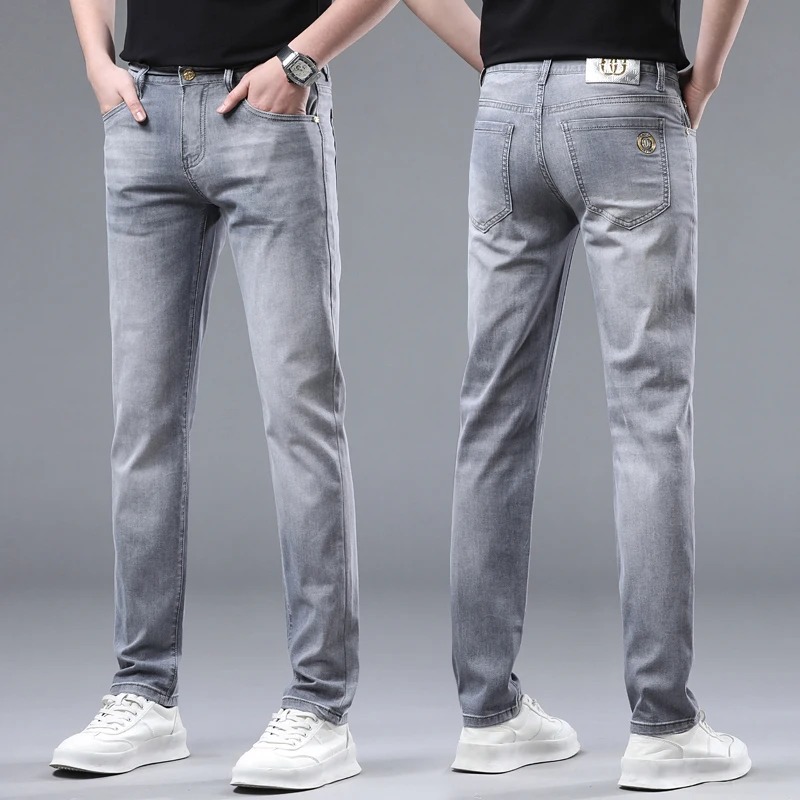 MEN'S jeans 2024 Summer thin fashion light luxury hot stamping elastic slim fit small feet casual light gray pants