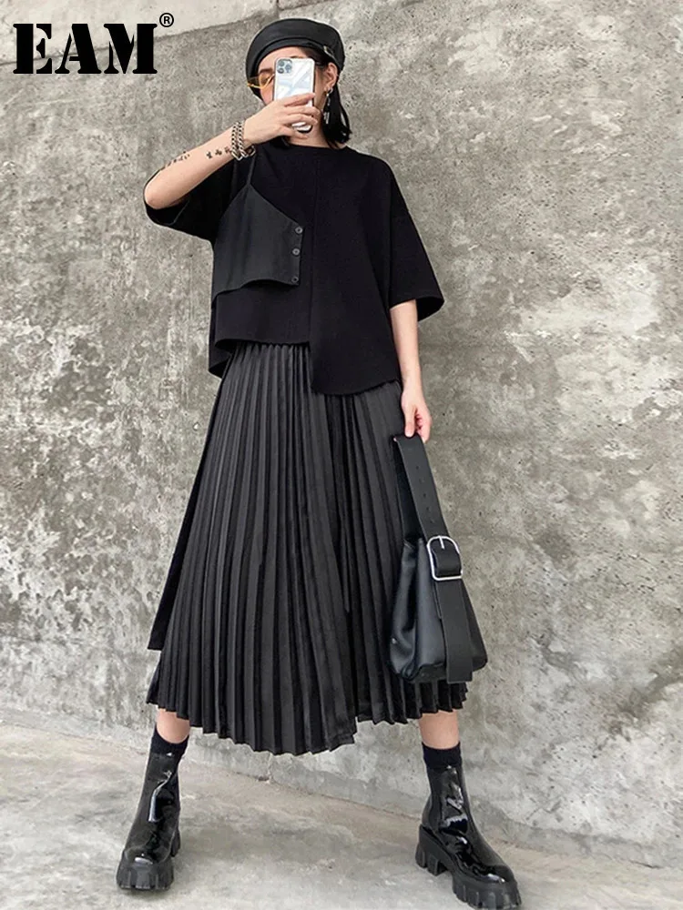 [EAM] Black T-shirt Pleated Irregular Half-body Skirt Two Pieces Suit New Round Neck Women Fashion Spring Summer 2024 1DH5042