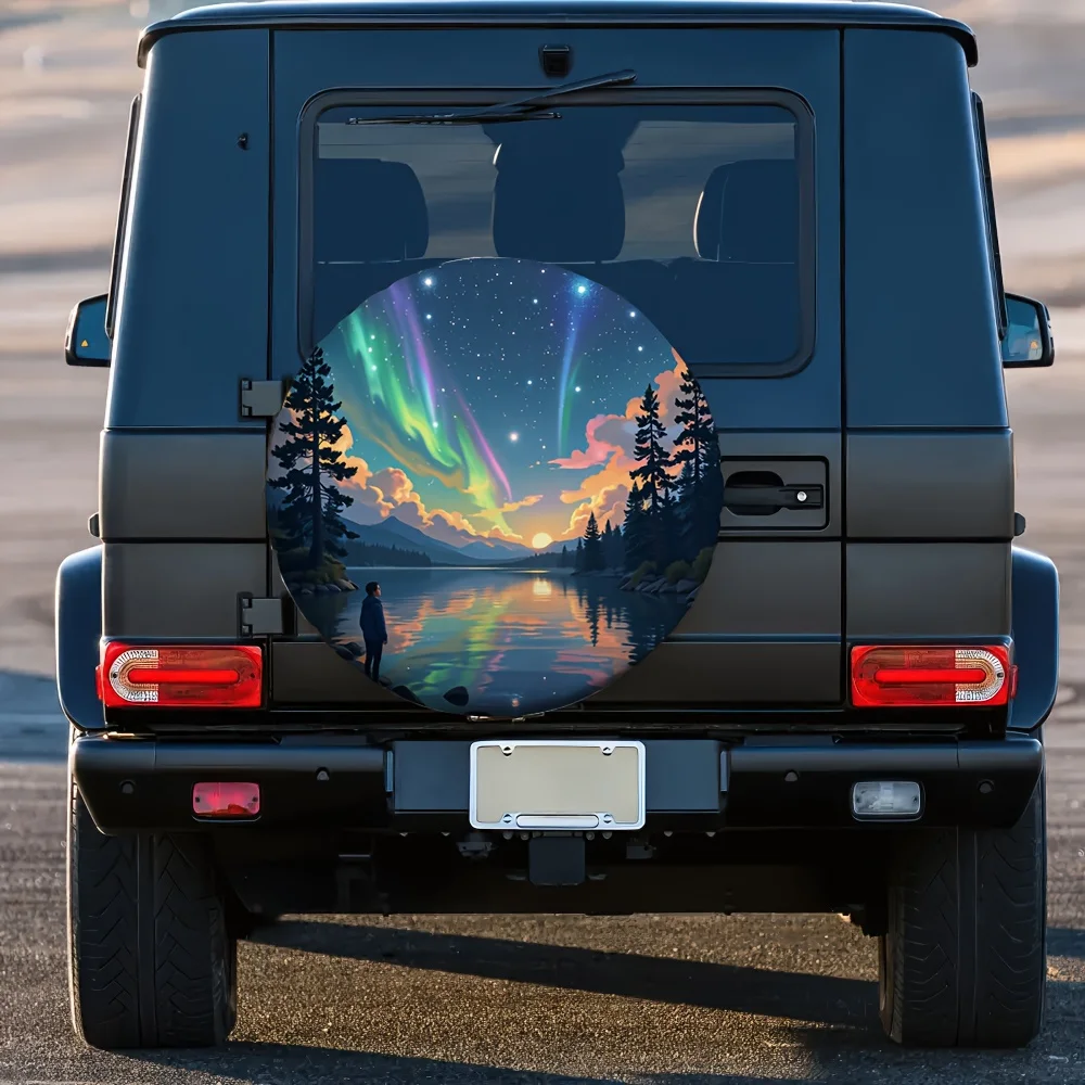 1pc 2D Flat-Printed Tire Cover Featuring A Starry Night Sky With Trees, Made From 100% Polyester, Suitable For Picnic Use On Cam