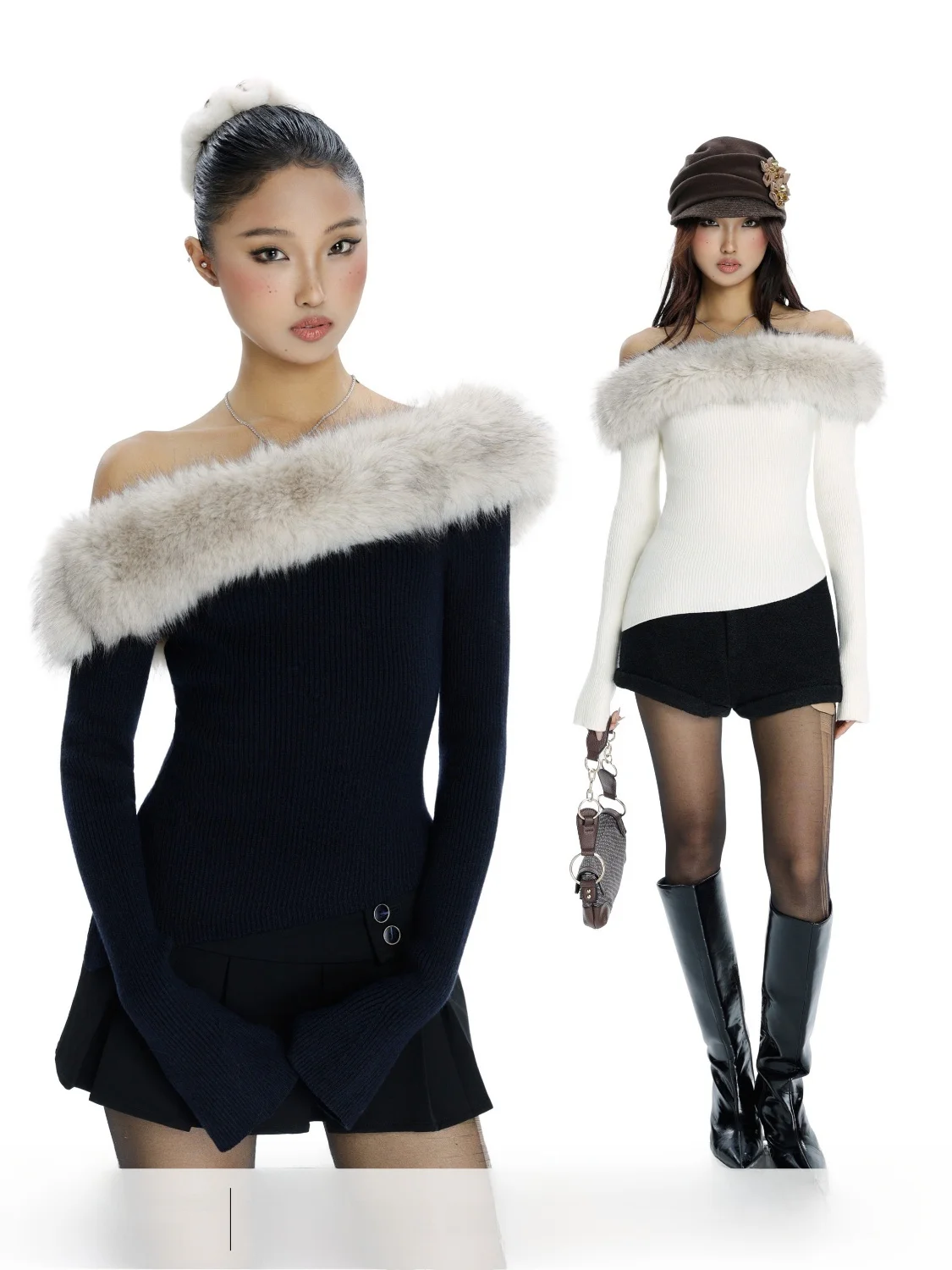 

Audwyn Street Sle Knitted Wool Blend Sweater One oulder Design Removable Fur Collar Slim Fit Elastic Long Sve Women's ...
