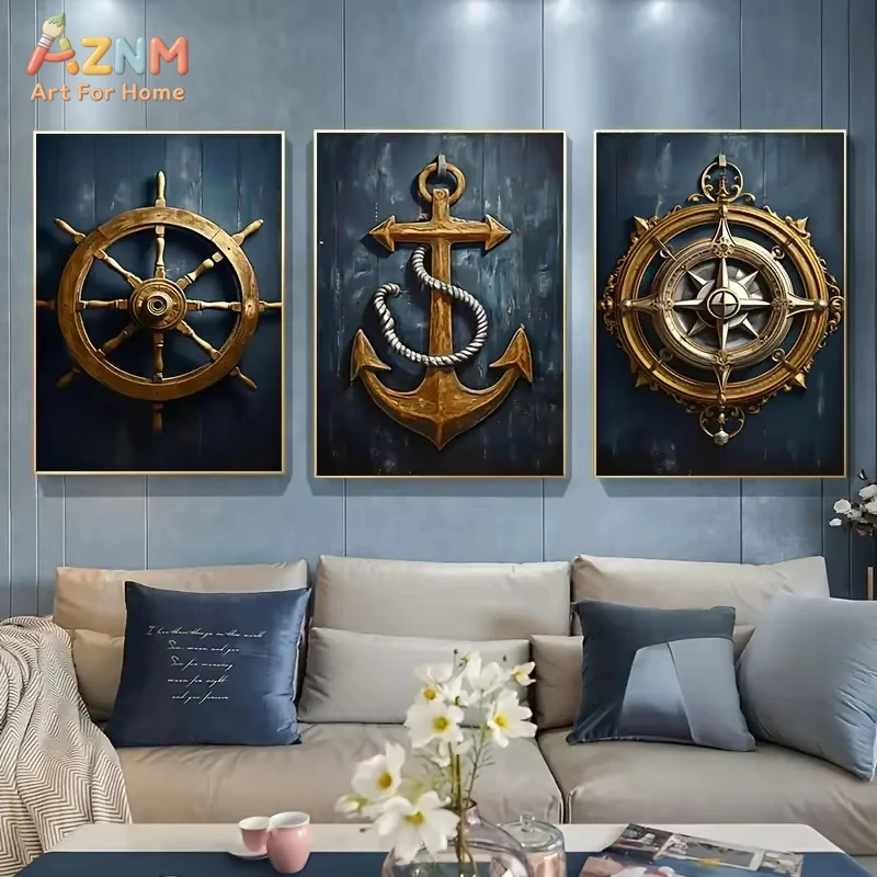 3pcs Nautical Canvas Print Wall Art Set Posters Definition Lighthouse Anchor & Compass Poster Coastal Home Living Room Decor