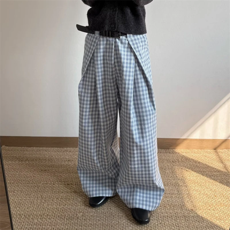 Women's Retro Checkered Pattern Commuting Thin Trousers Baggy High Waist Sweatpants Female Casual Unisex Wide Leg Bottoms