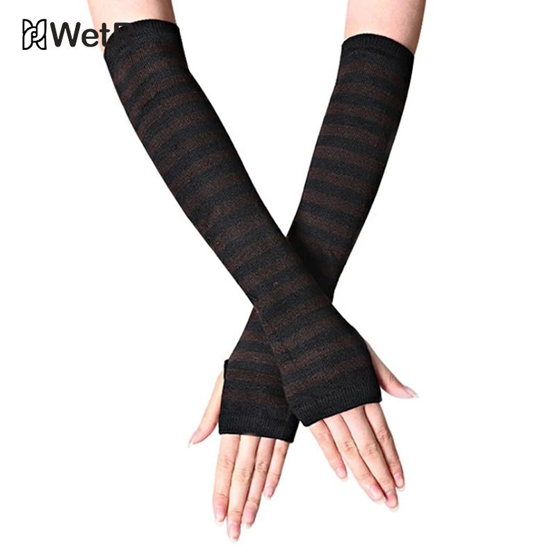 New Long Glove Arm Cover Classic Pink Black And White Striped Fingerless Elbow Gloves Warmer Knitted Wristband