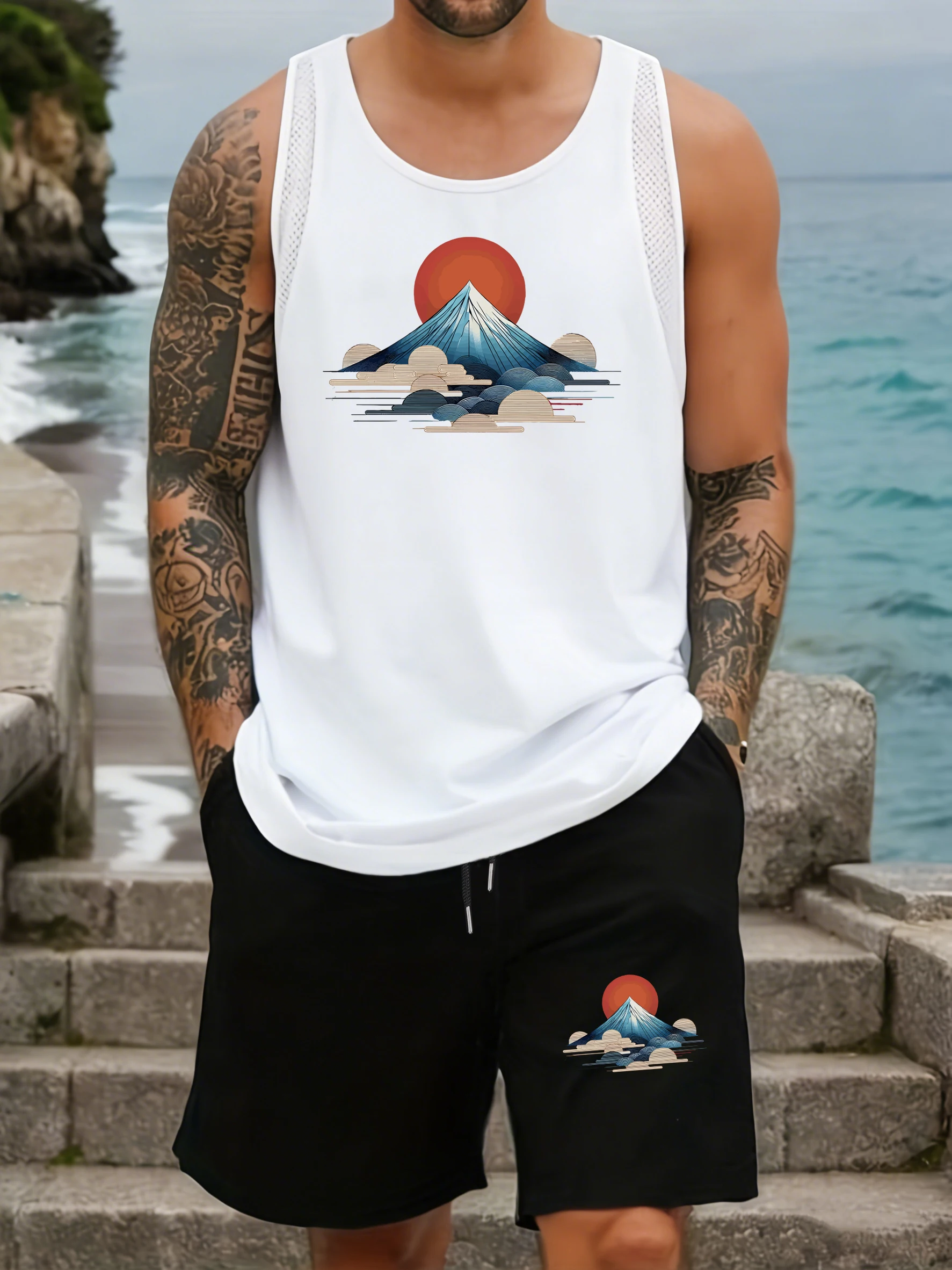 

Мужской летний костюм Harajuku: майка с принтом горного хребта, сетчатые топы без рукавов, шорты с широкими штанинами и карманами, спортивная одежда с круглым вырезом