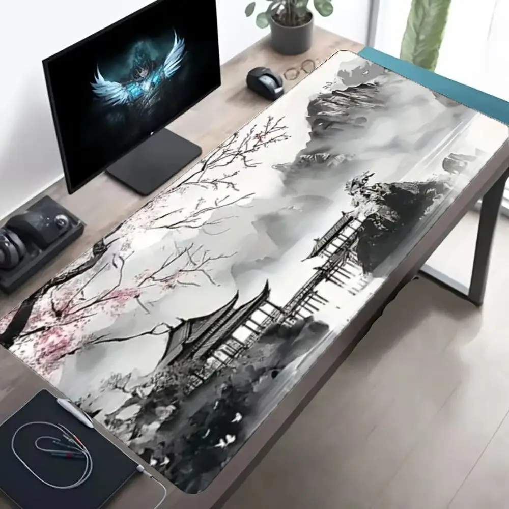 Large Gaming Mouse Pad Desk Mat Keyboard Pad Chinese Ink Wash Landscape Ancient Pavilion Plum Blossom Print Non Slip Rubber Base