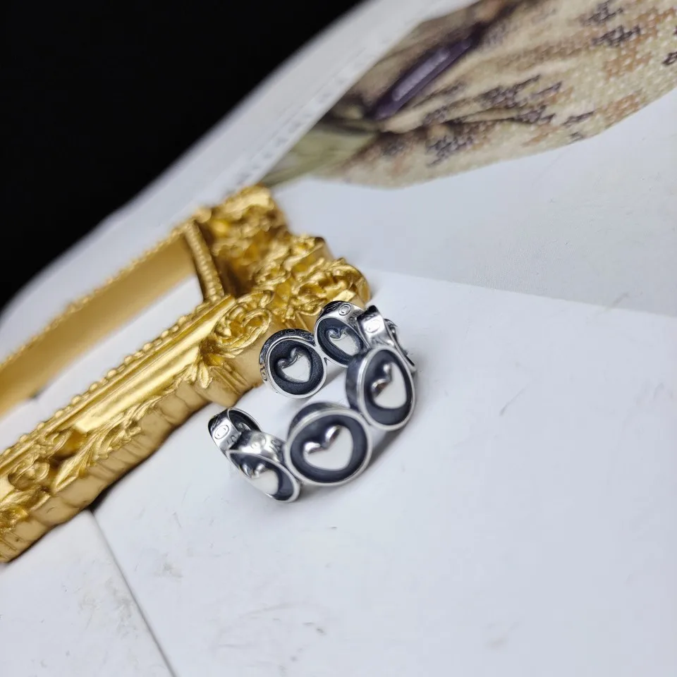 S925 sterling silver heavy industry peach heart ring trendy personalized popular adjustable thai silver ring retrocasual