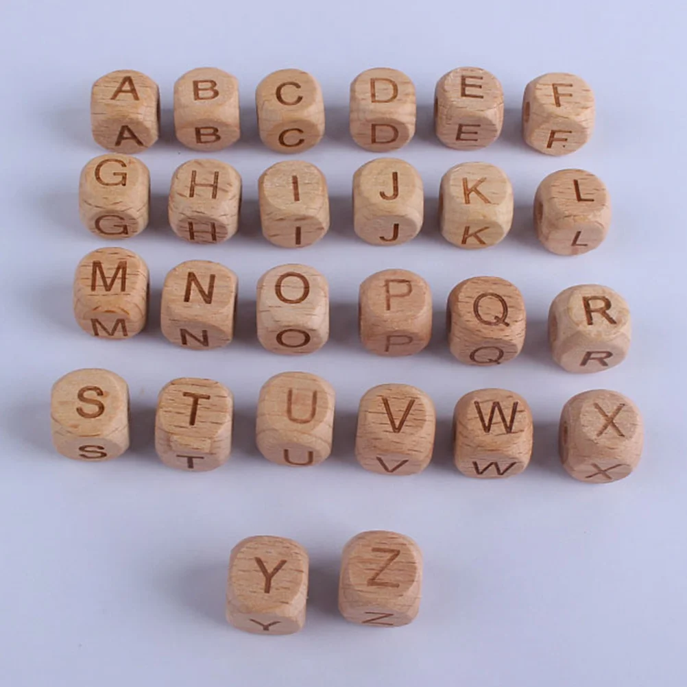 26 Pcs English Alphabet Wooden Beads DIY Jewelry Square Letter Pendant Craft Making Baby