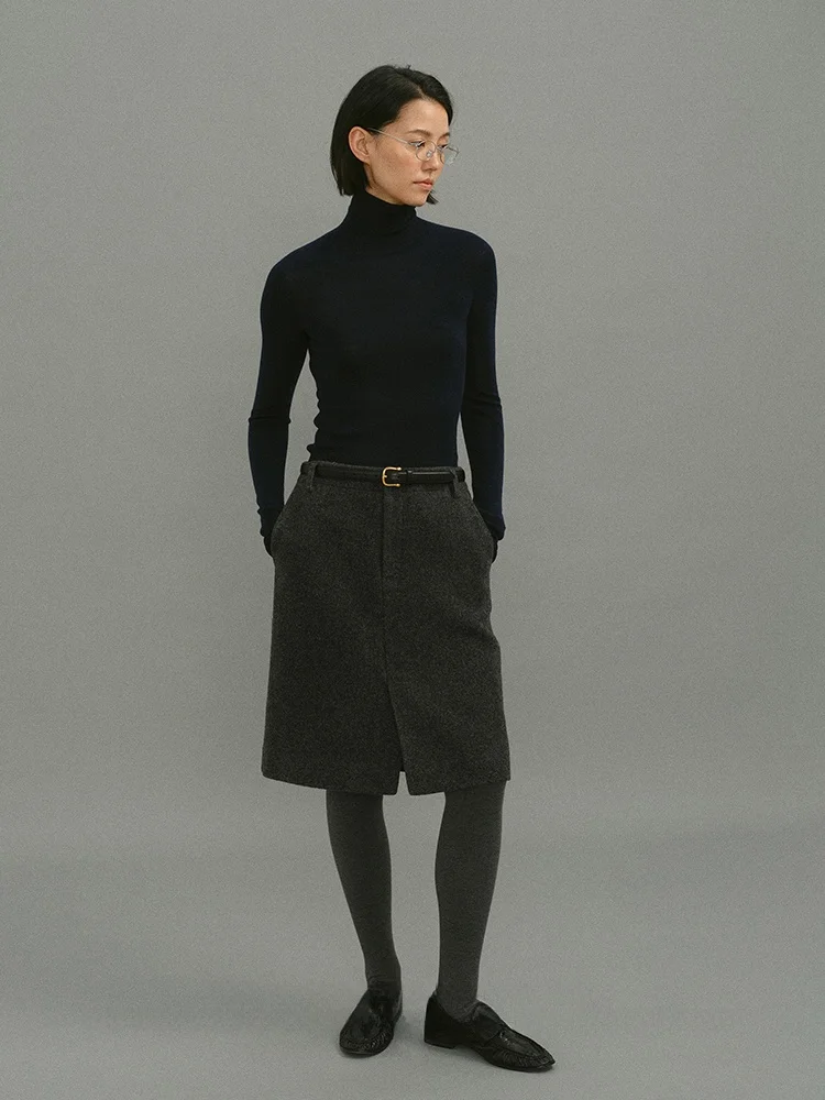 High Waist Woolen  Skirt with Belt Women's Stylish Slimming Tweed Simple Match All Seasons Spring New Arrival Commute