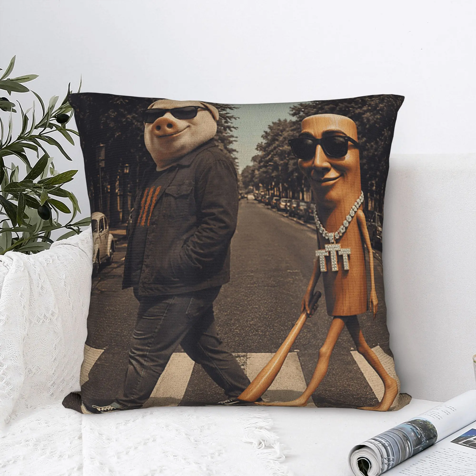 Street Crosswalk Tung Sahur Meme John Pork Funny Dynamic Duo Pillowcases Pillow Case For Living Room Chair Soft Pillow Cover