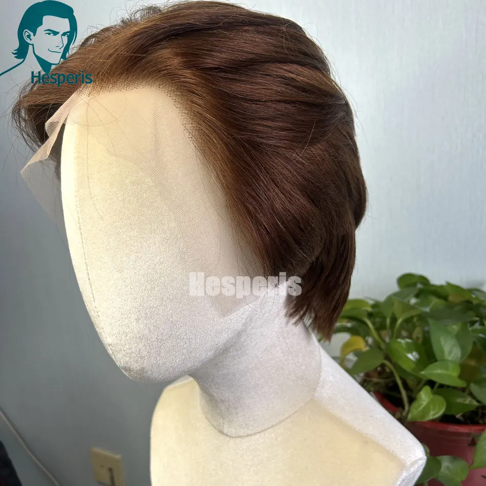 Hesperis بني فاتح شعر الإنسان الرجال الباروكات غلويليس قبل قطعها قصيرة قطع الدانتيل الجبهة الباروكات للذكور 13x6 جزء عميق الفضاء قطع الباروكات