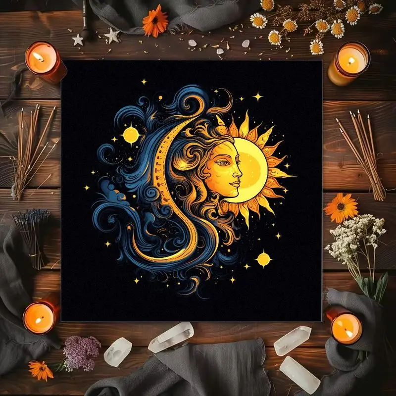 VIKAMA Sun Moon Face Art Tarot Card Tablecloth Mysterious Divination Altar Cloth Ceremony Table Mat Background Cloth