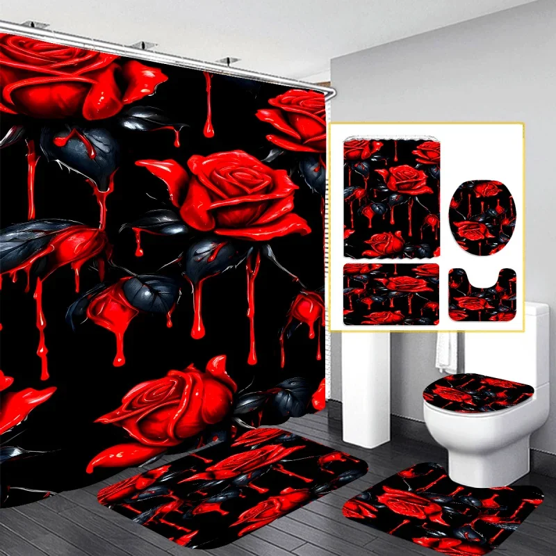 

Набор занавесок для душа Crimson Rose с нескользящим ковриком для ванной, U-образным ковриком для унитаза, крышкой унитаза, прочным водостойким полиэстером