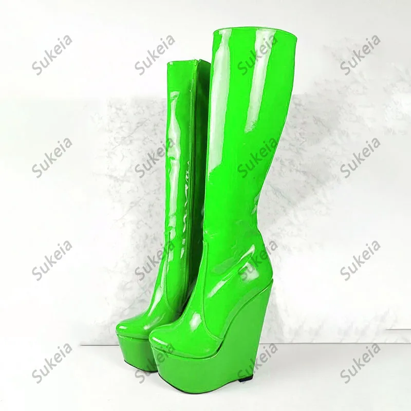 Sukeia Handwork Women Winter Knee Boots Patent Wedges Heels Round Toe Fabulous Red Green Blue Club Shoes Ladies US Size 5-20