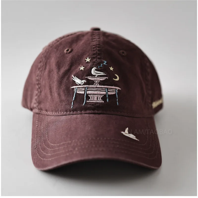 Vintage Fountain Bird Embroidered Baseball Cap for Women and Men Daily Wear Street Washed Cotton Unstructured Caps Unisex