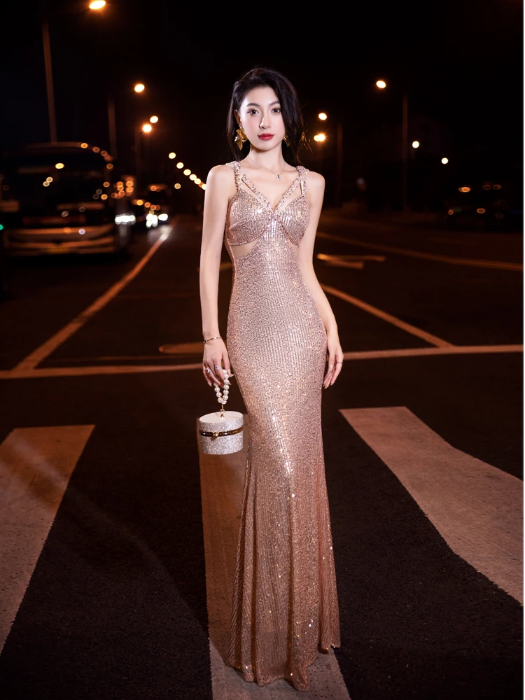 Sexy luxury niche new high-end banquet temperament sequined wedding sling host fishtail night high quality