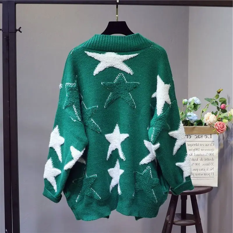 2023 Autumn/Winter New Loose Korean Star Jacquard Color Block Long Sleeve Knitted Cardigan Sweater