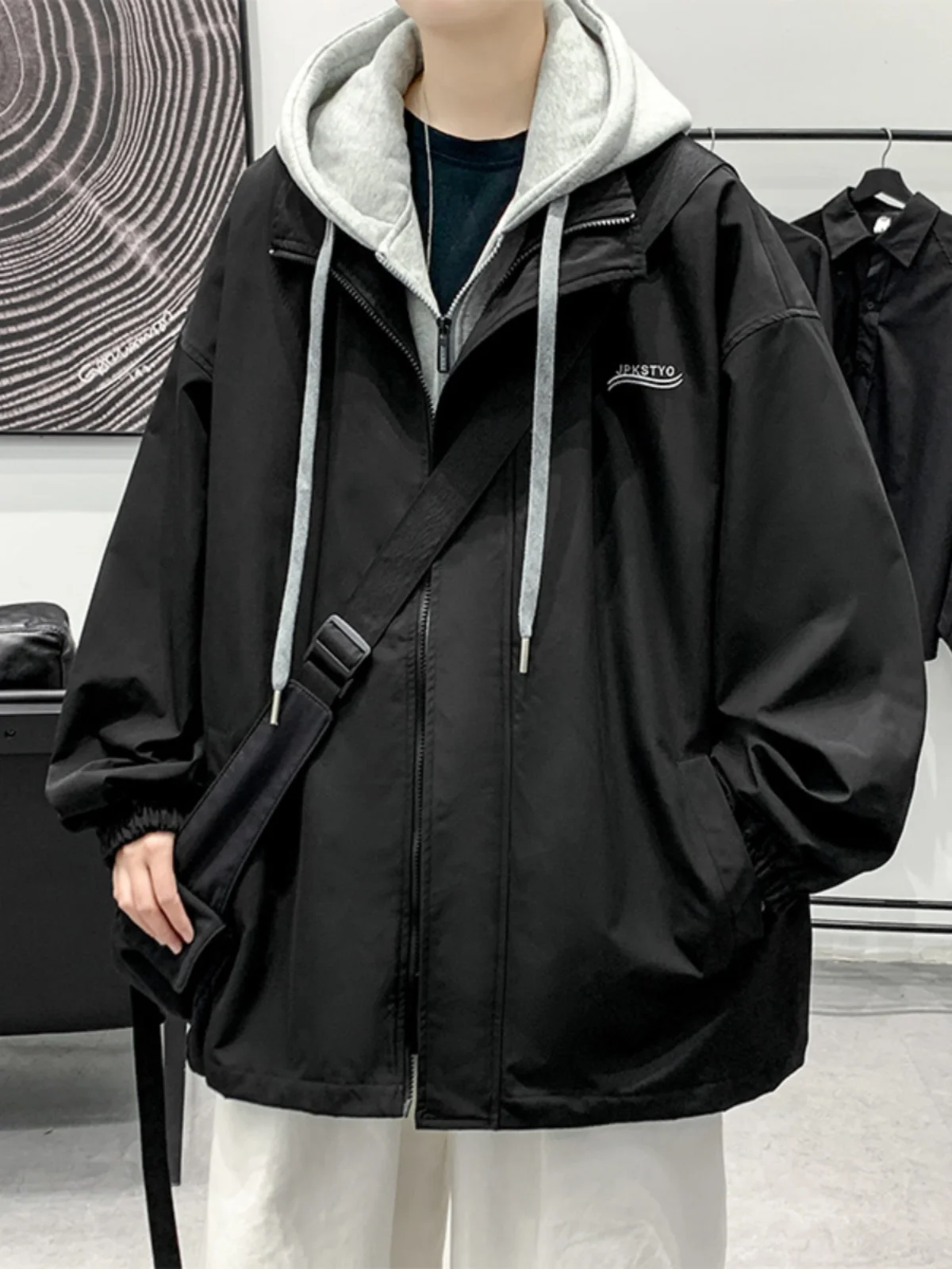 

Vintage American Sle Baseball Jaet for Men Spring Autumn Hooded Retro Outerwear Youth Faion Polyester Long Sve Zipper