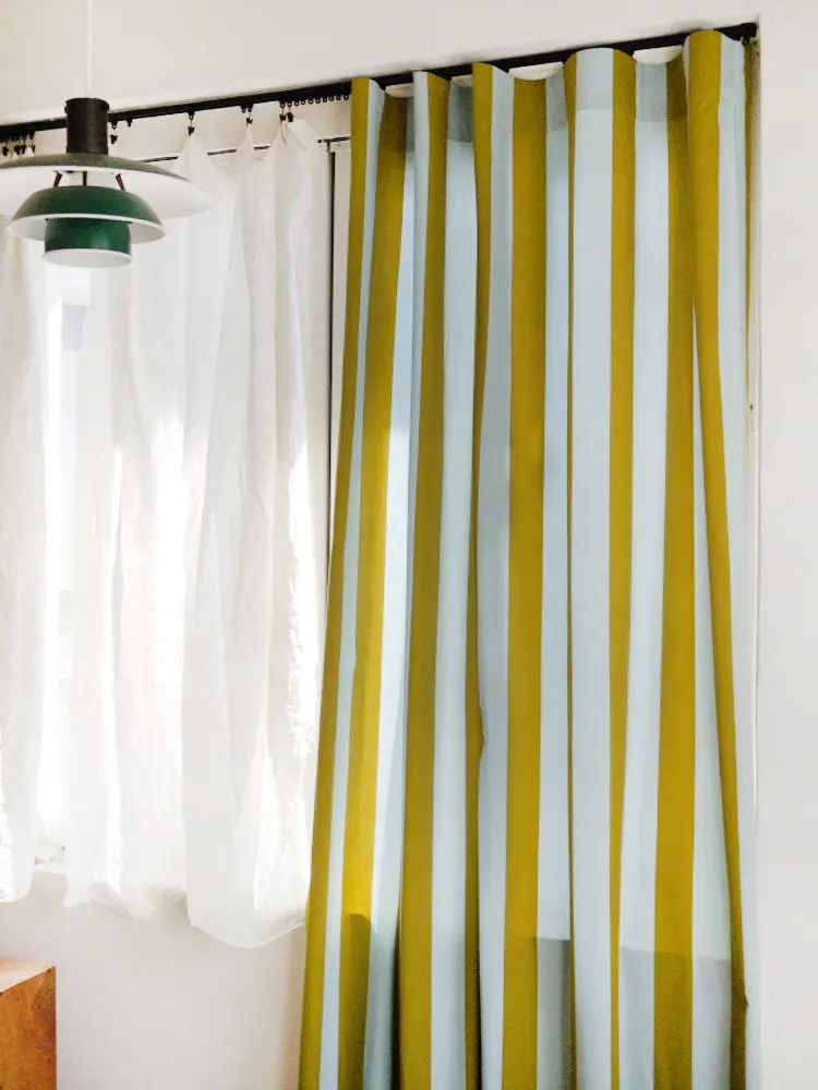 Ins Black White Striped Curtain Korean Style Yellow Patterned Bedroom Bay Window Semi Blackout Cloth No Punching Required