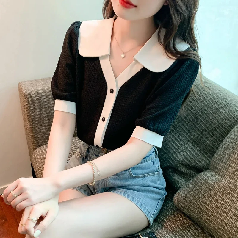 Fashion Contrast Button Shirt Tops Summer New Short Sleeve All-match Youth Solid Sweet T Shirts Elegant Korean Women Clothing