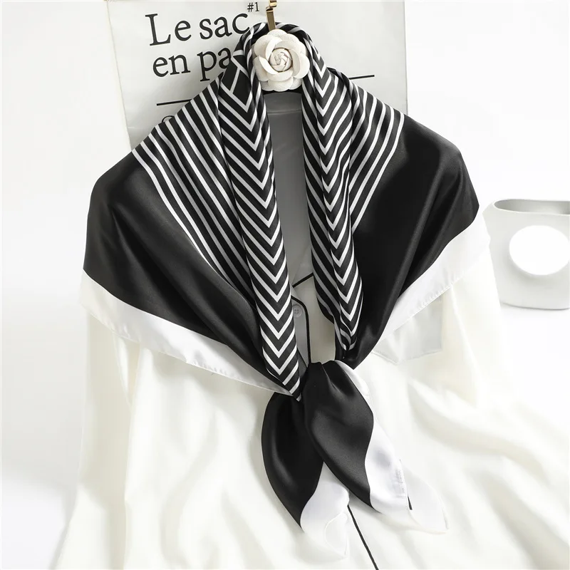 New Fashion Striped Silk Square Scarf 90*90cm Women Neck Hair Tie Band Bag Warp Soft Neckerchief Hijab Headscarf Foulard
