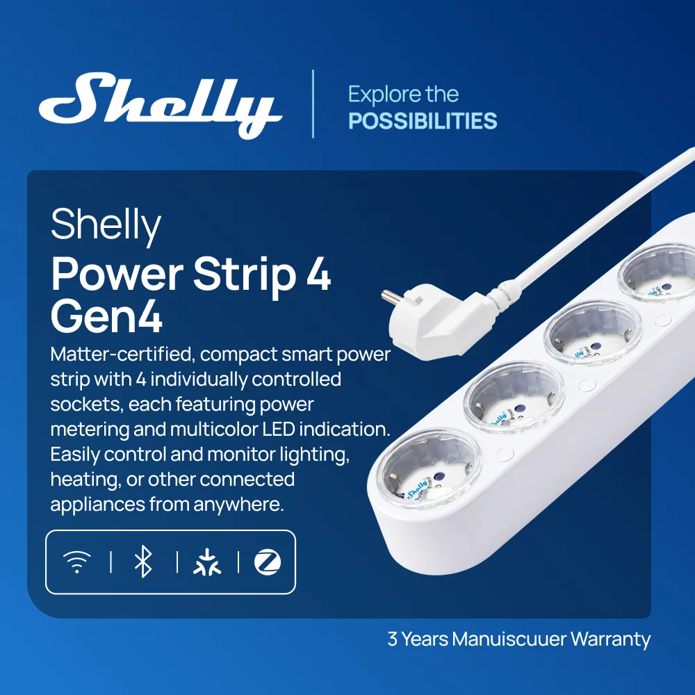 Shelly Power Strip 4 Gen4 Smart Plug Zigbee Outlets Matter Plug Independent Power Measurement Multitap Smart Switch