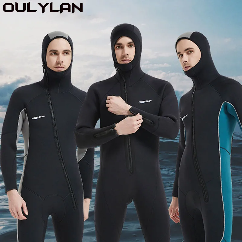 Oulylan 5mm Men Neoprene One-piece Wetsuit Men's Long Sleeves Front Unzipper To Keep Warm Surf Snorkeling Kayak Diving Suit