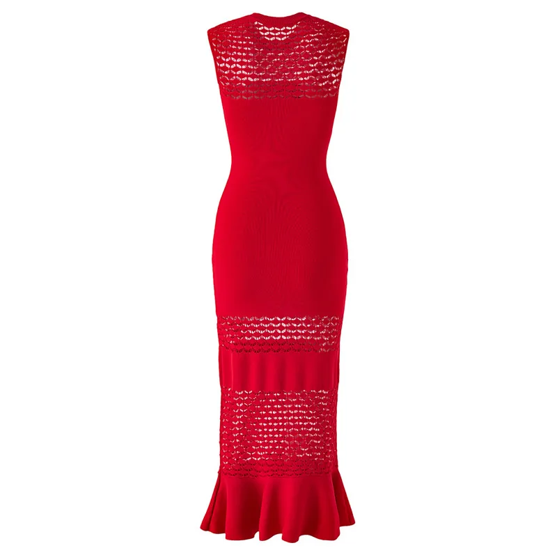 

Red Solid Knitted Cotton Dress Office Lady's Hole Mermaid Dress