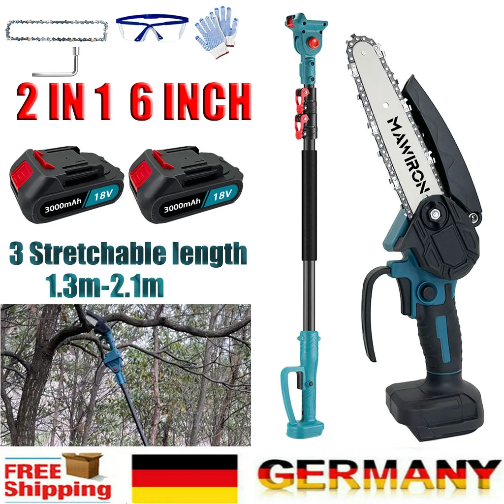 منشار عمود 2 في 1 لاسلكي 6 بوصة مع 2 قطعة بطارية 3.0 أمبير في الساعة، منشار كهربائي كهربائي مع عمود تمديد لقطبة تشذيب الأشجار