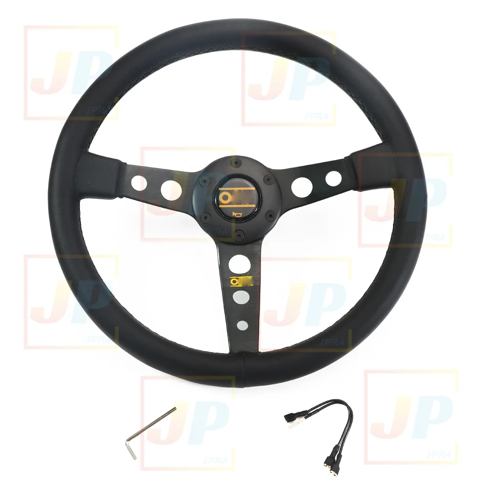 JDM Steering Wheel Modification 345mm 13.5-inch Black Leather Round Hole Steering Wheel with Logo Horn