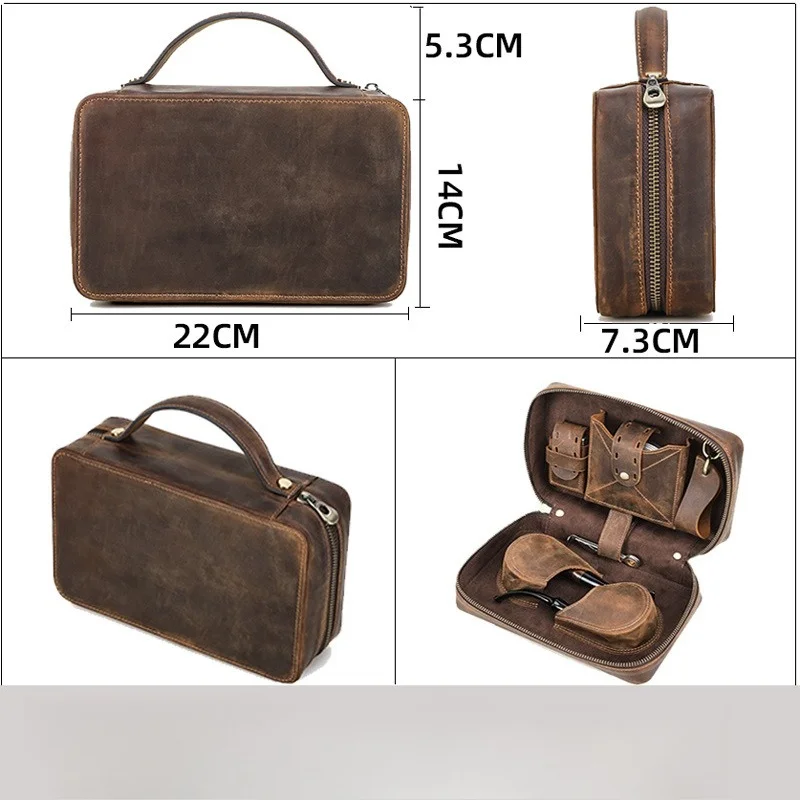 Vintage Crazy Horse Leather Tobacco Pouch Roll Bag Travel Case 2 Pack Storage Organizer view 4