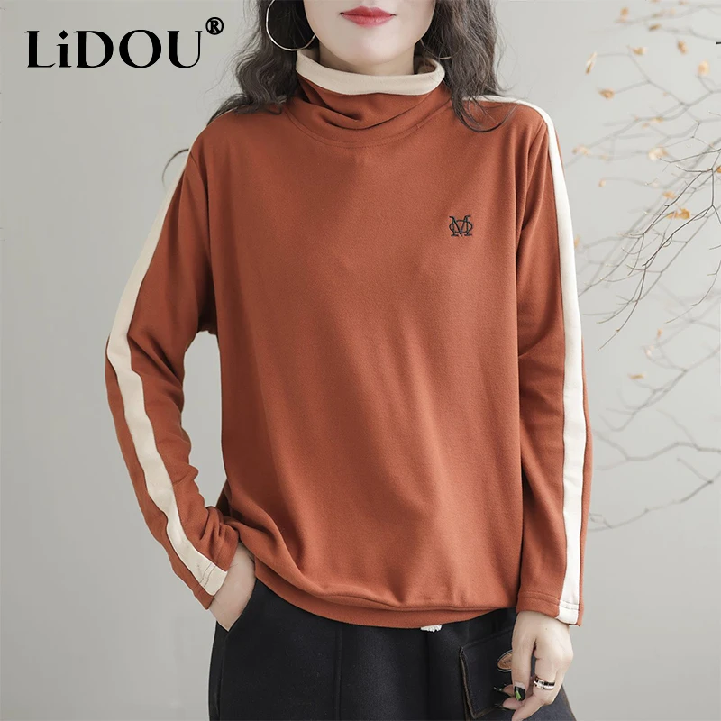 Winter New High Collar Loose Casual Patchwork Two-sided Velvet T-shirt Female Long Sleeve All-match Warm Pullover Top Women Tee